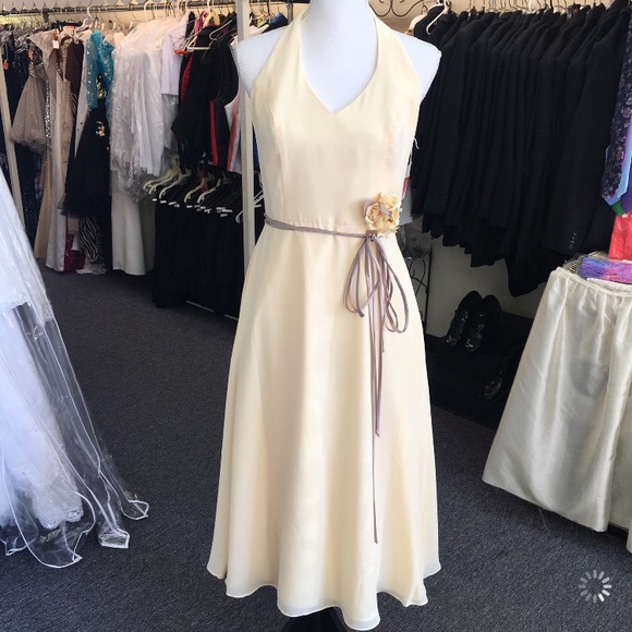 Lined Yellow Mid Length Halter Bridesmaid Prom Dress - Picture 2 of 8